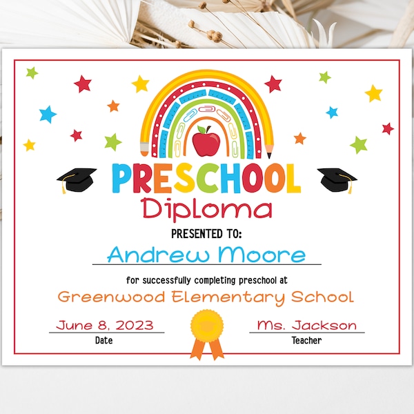 Diplôme préscolaire modifiable Certificat de fin d'études personnalisé Certificat de fin d'études scolaire Certificat de diplôme du dernier jour d'école 0206