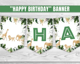 Happy Birthday Banner, Gold Animals Birthday Banner, Wild Animals Party, Safari Decoration, Safari Animals Garland Gold Animal Party 0101