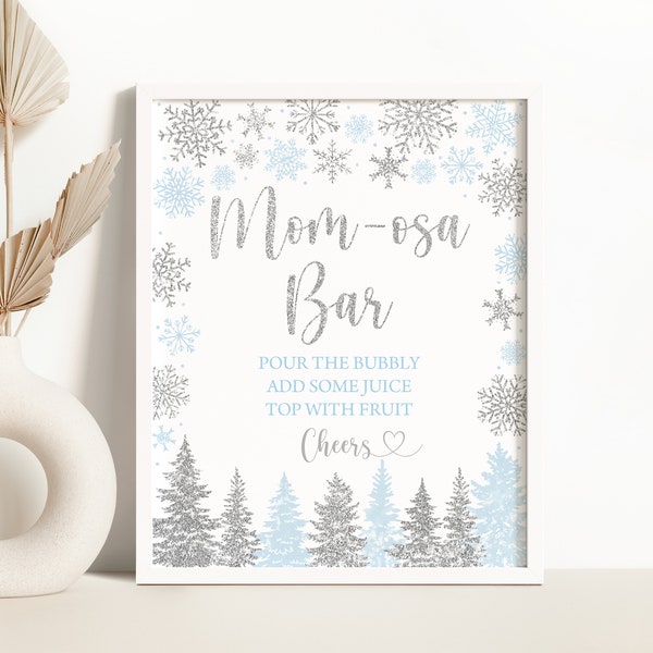 Winter Baby Shower Momosa Bar Sign Holiday Baby Shower Mimosa Bar Sign Blue Silver Snowflake Baby Shower Mom-osa Bar Sign 0188