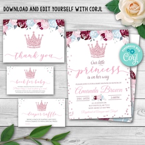EDITABLE Princess Baby Shower Invitation Set Glitter Princess Crown Baby Shower Invitation Girl Set Package Pink and Silver Baby Shower 0159