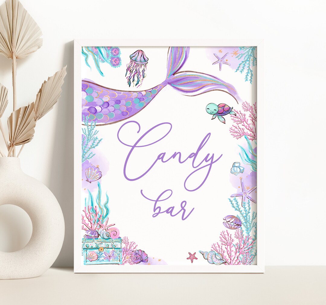 Mermaid Birthday Party Candy Bar Table Sign Purple Mermaid Birthday ...