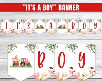 Es un niño Banner Animales de granja Baby Shower Banner Tractor rojo Baby Shower Decoración Granja Animal Guirnalda Tractor rojo Ducha Banner 0106