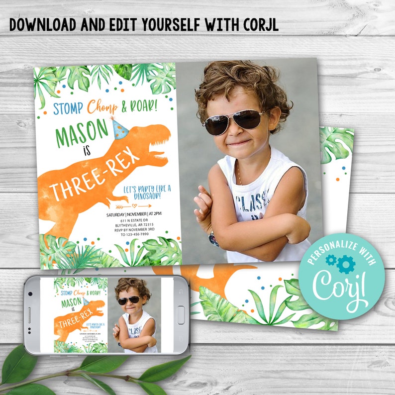 EDITABLE ThreeRex Dinosaur Birthday Invitation Boy Dino TRex Invitation Third Birthday Dino Invite Blue Dinosaur Party