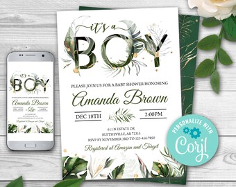 Tropical Baby Shower Invitation, Greenery Palm Leaf (Editable)