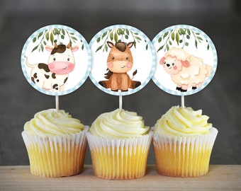 Farm Animals Cupcake Toppers, Boy Baby Shower Decoration (Digital File)