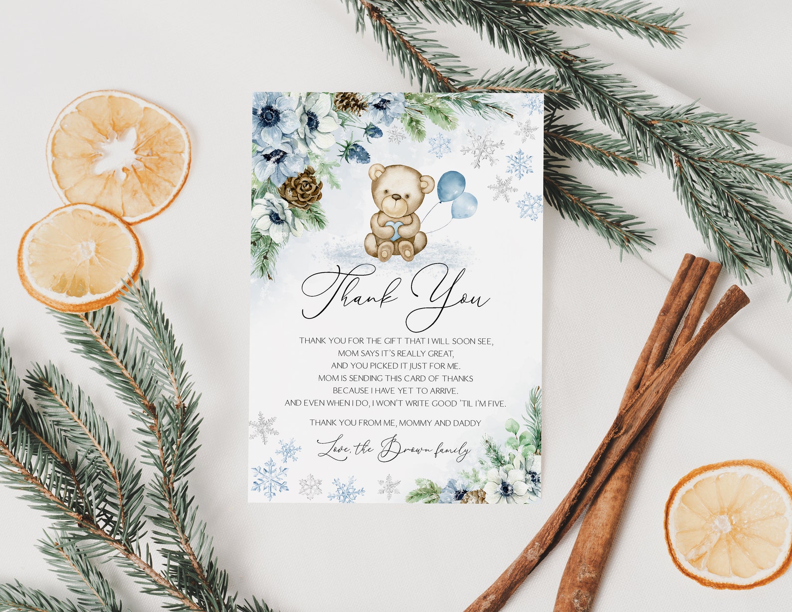 Editable Winter Bear Thank You Card Snowflake Bear Thank You Card Boy ...