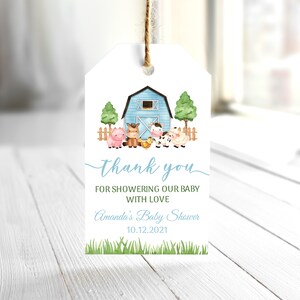 EDITABLE Farm Baby Shower Favor Tag Printable Farm Animals Baby Shower Gift Tags Boy Barnyard Custom Tags Blue Farm Animals Favor Tag 0227