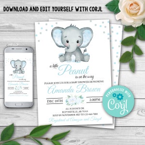 Editable Elephant Baby Shower Invitation.Baby Elephant Boy Baby Shower Invite. Peanut Boy Invitation. Pink Elephant Baby Shower Invite 0166