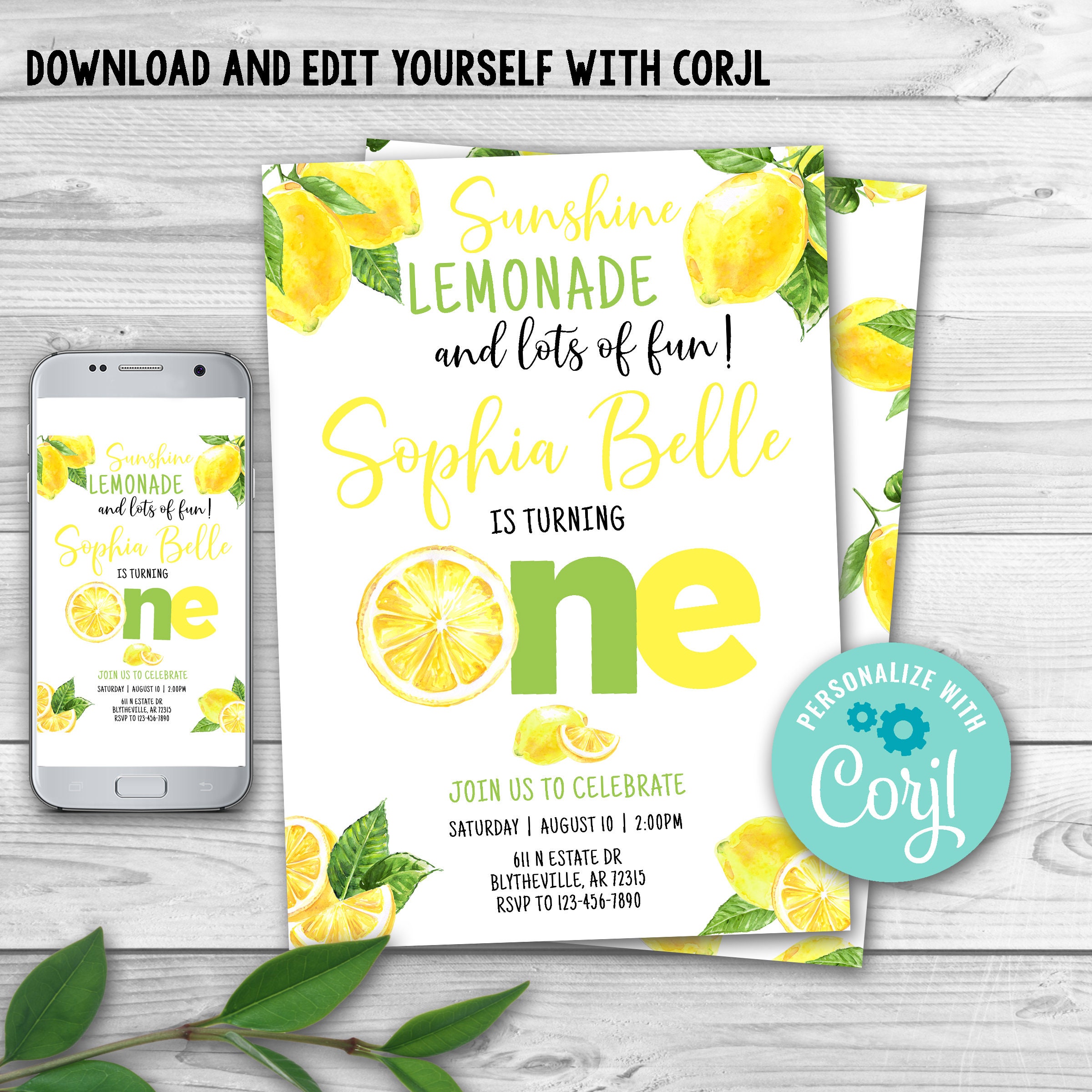 Editable Lemon First Birthday Invitation Citrus Birthday Etsy