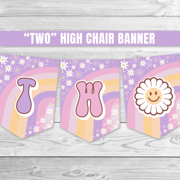 Two Groovy High Chair Banner Retro Daisy High Chair Banner Hippie 70s 2nd Birthday Banner TWO Groovy Banner Groovy Birthday Decoration 0170