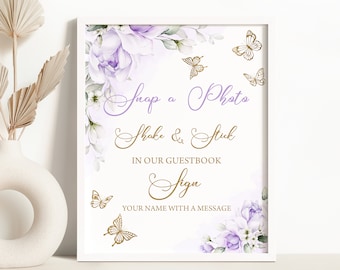 Butterfly Baby Shower Guestbook Sign, Purple Floral Decor (Digital Download)