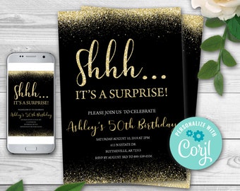 Surprise Birthday Invitation Any Age Gold Black Birthday Invitation Adult Birthday Instant Download Gold Glitter It's a Surprise! 0171