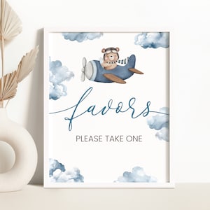 Airplane Bear Favors Sign Bear on a Plane We Can Bearly Wait Baby Shower Favors Sign Blue Airplane Fly High Aviator Please Take One 0209