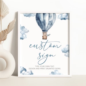 EDITABLE Bear Hot Air Balloon Birthday Table Sign Blue Bear We Can Bearly Wait Custom Baby Shower Sign Boy Bear Birthday Party Sign 0222