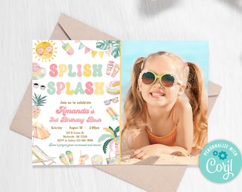 Editable Splish Splash Birthday Invitation Pool Party Birthday Invitation Girly Splash Pad Water Slide Paddling Pool Summer Party 0228