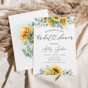 May include: A sunflower-themed bridal shower invitation with a watercolor design. The invitation features sunflowers, eucalyptus leaves, and the text "Please join us for a bridal shower honoring Ashley Jackson". The invitation also includes the date, time, address, RSVP information, and registry details.