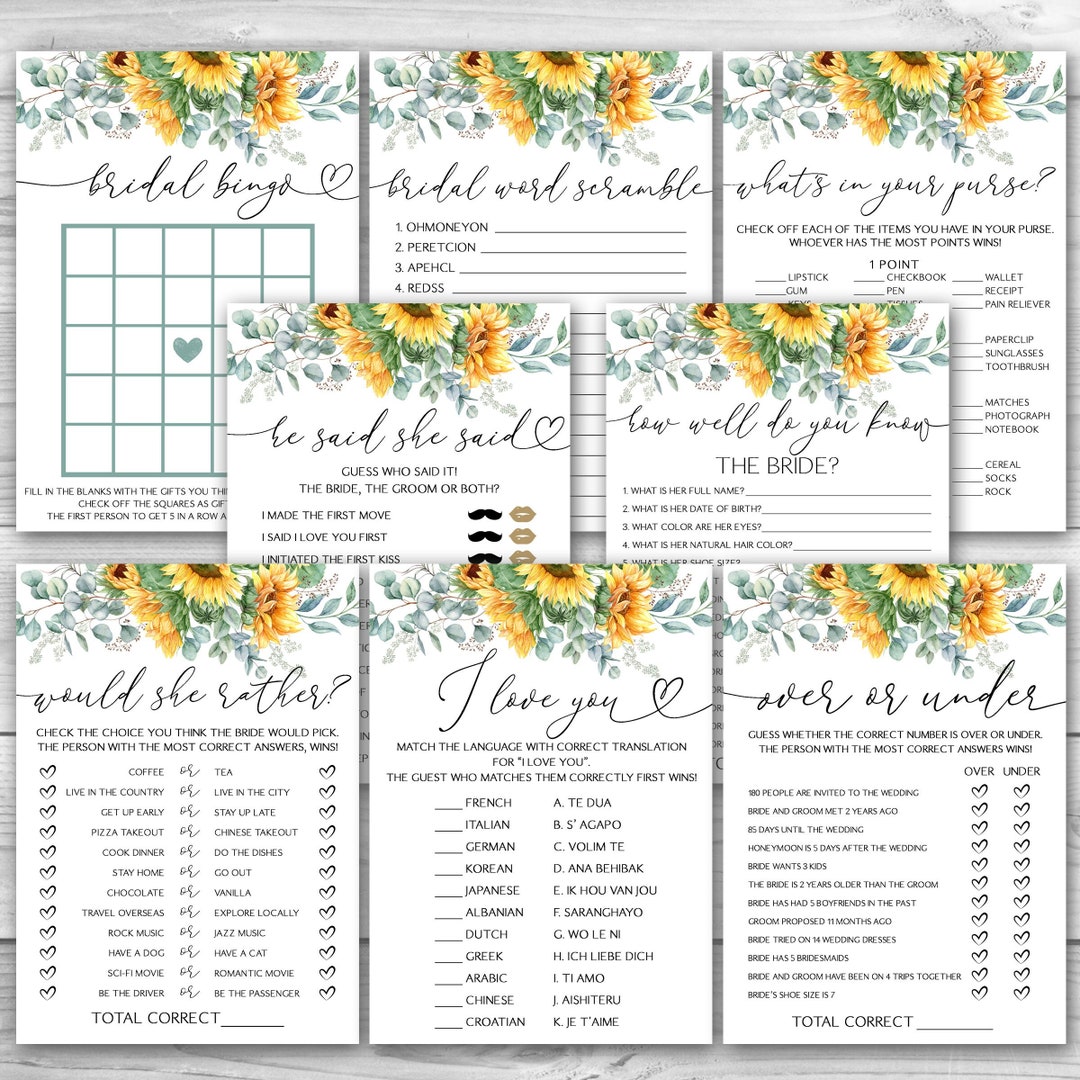 Sunflower Bridal Shower Game Bundle Watercolor Sunflower Bridal Shower ...