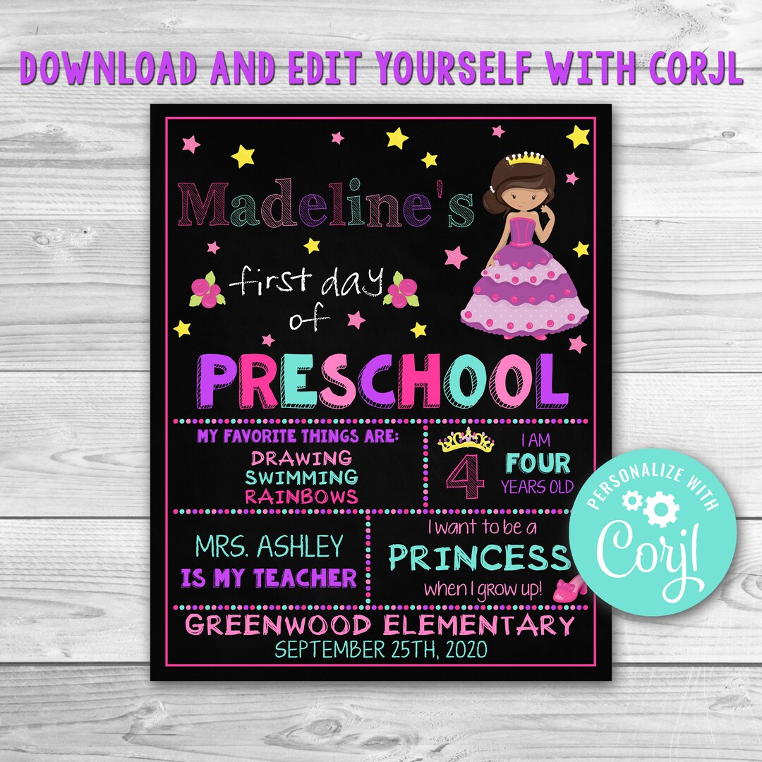Editable First Day of Preschool Sign, Princess First Day of School Sign ...