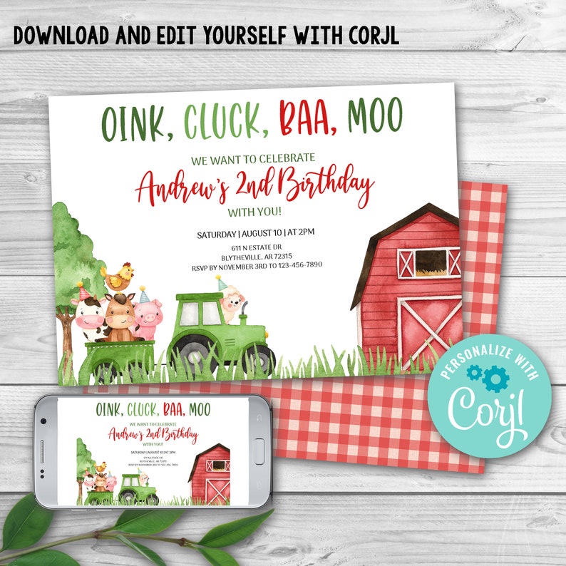 Editable Farm Birthday Invitation Red Farm Animals Birthday Invitation ...