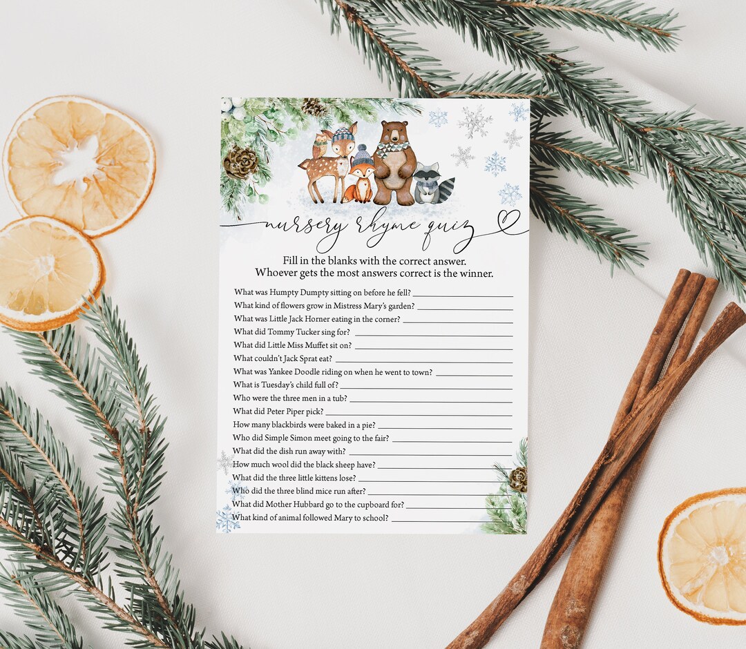 Winter Woodland Animals Nursery Rhyme Quiz Baby Shower Game Winter Woodland Baby Shower Game