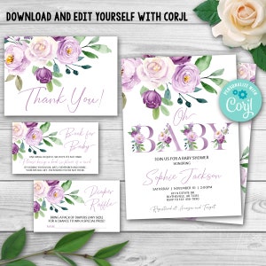 EDITABLE Purple Floral Baby Shower Set, Lilas Baby Shower Invitation Girl Package, Lavande Floral Baby Shower Pack, Lilac Baby Shower 0128