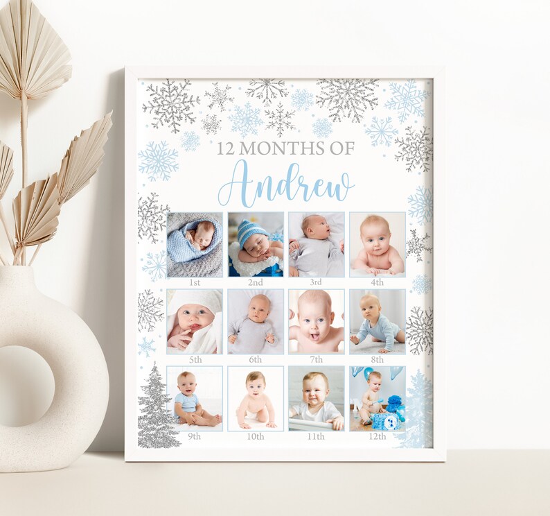 Editable Blue Silver Snowflakes First 12 Months Photo Collage Etsy