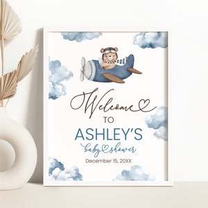Editable Airplane Bear Baby Shower Welcome sign Bear on a Plane We Can Bearly Wait Welcome Sign Airplane Fly High Aviator Baby Shower 0209
