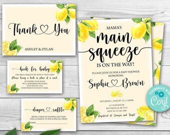 May include: A set of printable baby shower invitations with a lemon theme. The invitations feature a yellow and green lemon design with the text "Mama's Main Squeeze is on the Way!" and "Sophie Brown".