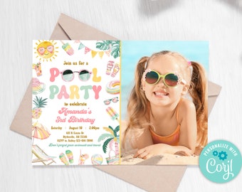 Editable Pool Party Invitation Girl Summer Party Invitation Tropical Splish Splash Girly Pool Party Invitation Summer Swimming Pool 0228