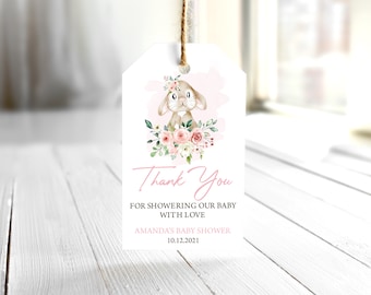 Etiquetas para recuerdos de baby shower con diseño de conejito, estampado floral rosa, editables (descarga digital)