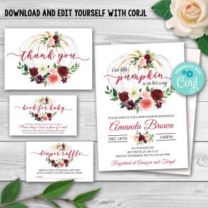 Editable Little Pumpkin Baby Shower Invitation Set Girl Fall Baby Shower Invitation Pack Burgundy Baby Shower Pumpkin Invite Package 0155