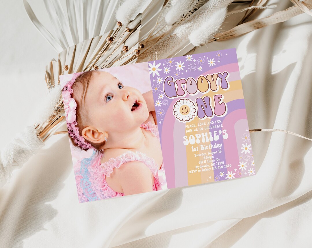 Editable Groovy One Birthday Party Invitation Daisy Hippie 70's Retro ...