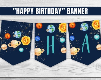 Space Birthday Banner Blue Gold Galaxy Birthday Banner Planets Outer Space Rocket Ship Garland Boy Galaxy Party Printable 0142