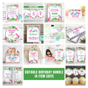 EDITABLE Girl Dinosaur Birthday Invitation And Bundle Dinosaur Party Package Decorations Dinosaur T-Rex Party Package 0207