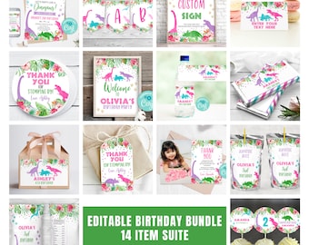 EDITABLE Girl Dinosaur Birthday Invitation And Bundle Dinosaur Party Package Decorations Dinosaur T-Rex Party Package 0207