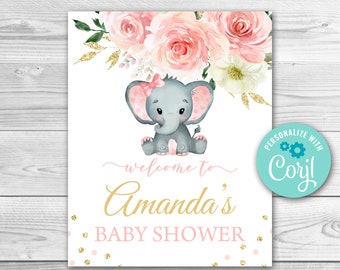 Welkomstbord voor een babyshower met olifantenprint, roze en goud (bewerkbaar, digitale download)