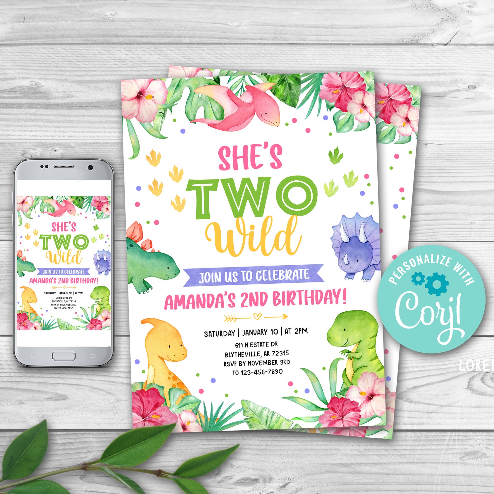 EDITABLE Girl Dinosaur Birthday Invitation Two Wild Birthday Etsy
