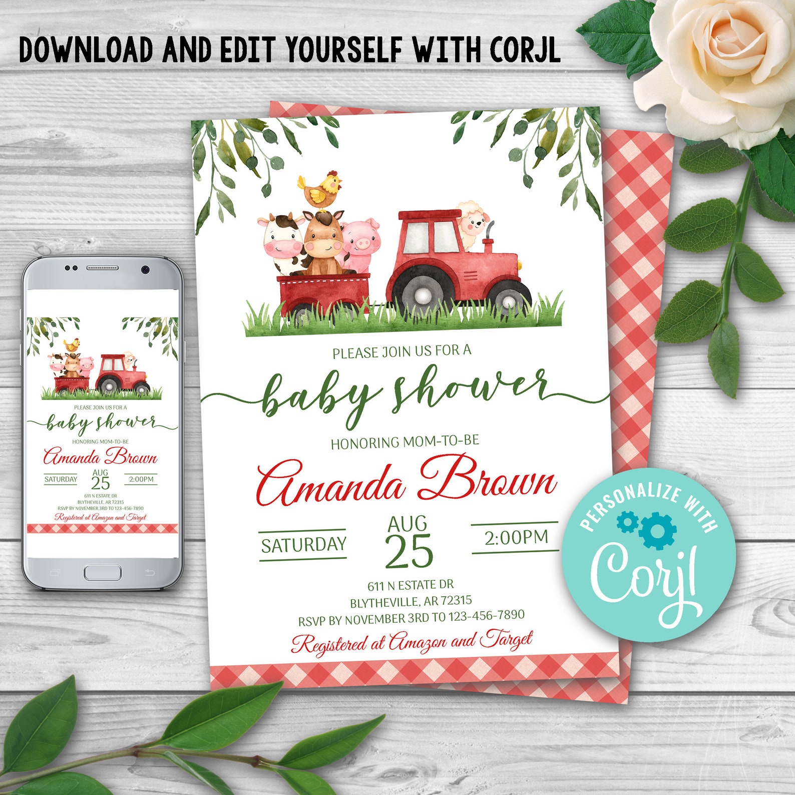 Editable Farm Baby Shower Invitation. Red Farm Animals Baby Etsy