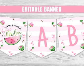 Editable Watermelon Birthday Banner One in a Melon Birthday Banner Pink Watermelon Birthday Decoration Watermelon 1st Birthday Garland 0118