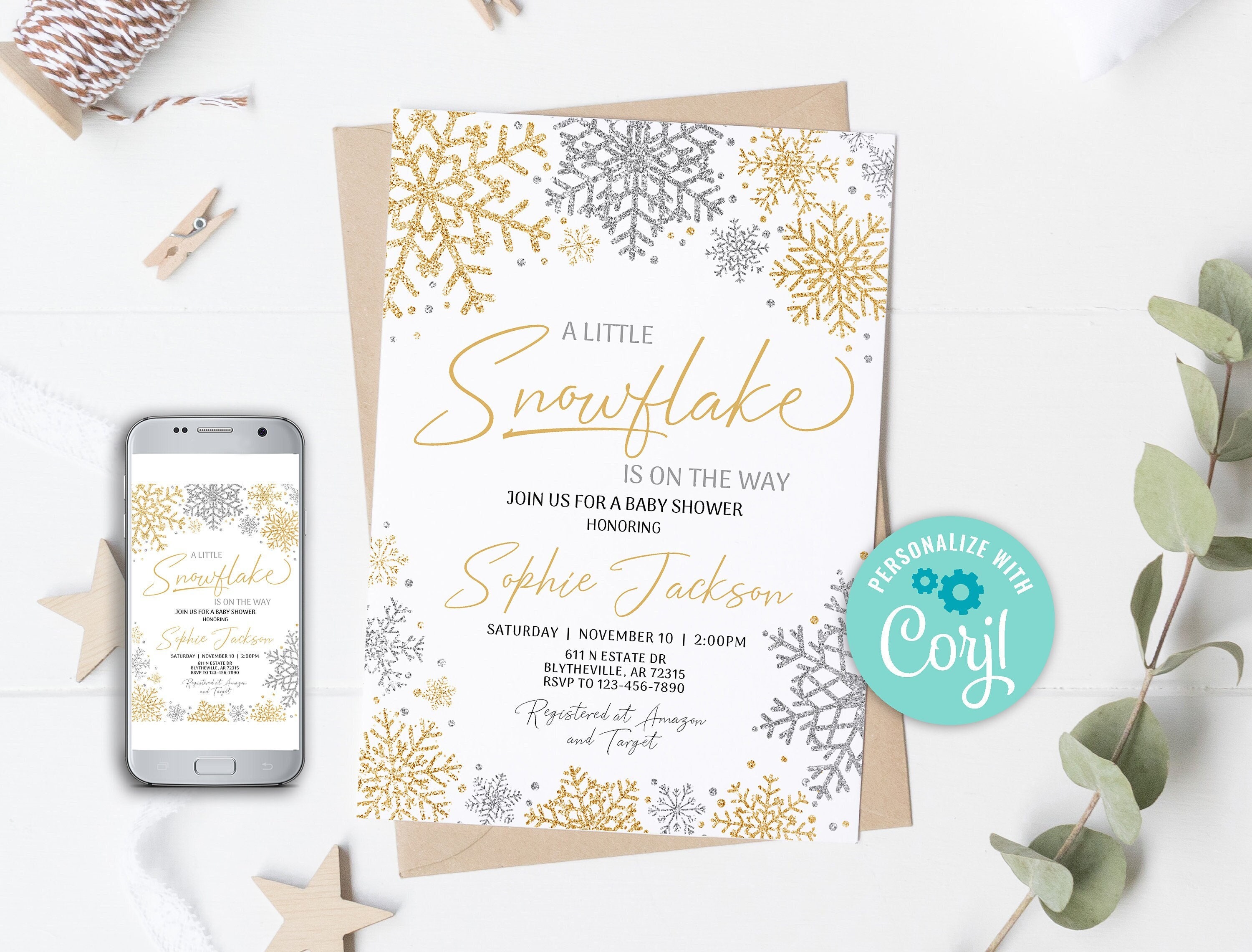 Editable Snowflake Baby Shower Invitation A little snowflake is on the way Invitation Winter wonderland Baby Shower Gold an