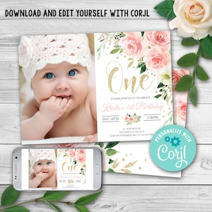 EDITABLE Blush Pink First Birthday Invitation. Floral Birthday Invitation. 1st Birthday. Girl Blush Pink Floral Invite INSTANT DOWNLOAD 0104