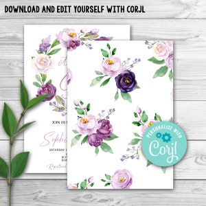 EDITABLE Purple Floral Baby Shower Invitation, Girl Baby Shower Invitation, Lavender Baby Shower, Lilac Floral Baby Shower Invitation 0128 image 3