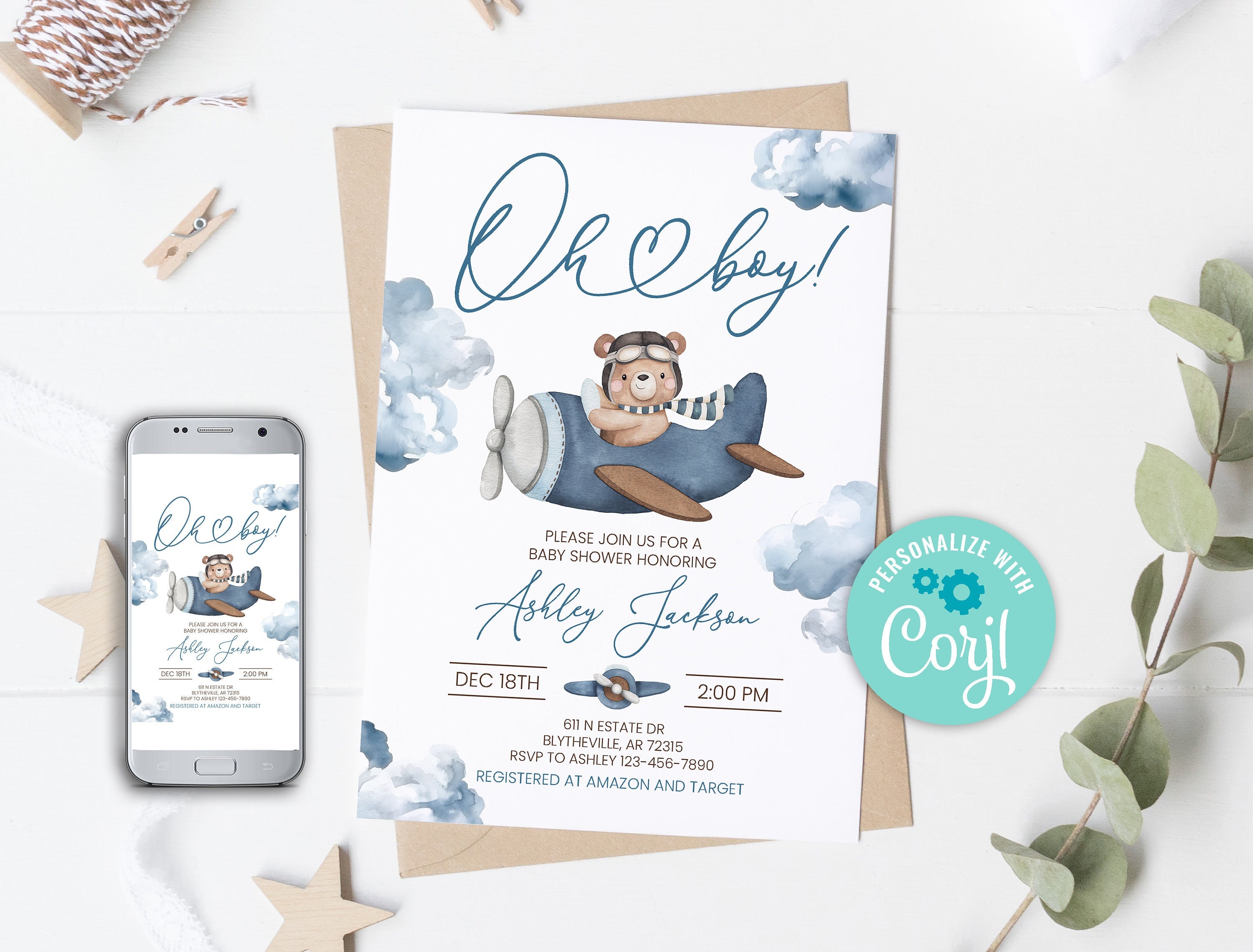Editable Airplane Bear Baby Shower Invitation Bear on a Plane We Can Bearly Wait Invitation Blue Airplane Fly High Aviator Baby Shower 0209