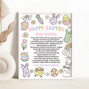 May include: A colourful printable Easter card featuring a cute bunny and chick illustration. The card includes a message from the Easter Bunny to Ashley, wishing her a happy Easter and commending her good behaviour. The card is decorated with flowers, eggs, and rainbows.