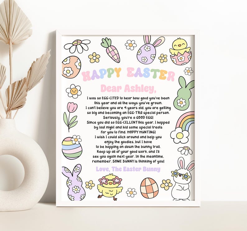 May include: A colourful printable Easter card featuring a cute bunny and chick illustration. The card includes a message from the Easter Bunny to Ashley, wishing her a happy Easter and commending her good behaviour. The card is decorated with flowers, eggs, and rainbows.