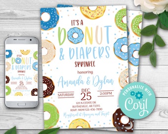 Editable Donut and Diapers Sprinkle Invitation. Blue Donut, Boy Baby Shower, Baby Shower Coed Shower, Donut Baby Shower Invitation 0105