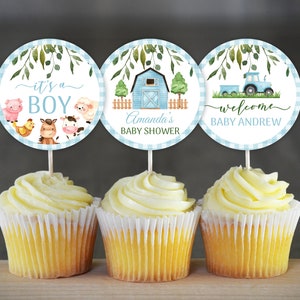 Farm Baby Shower Cupcake Toppers Farm Birthday Party Decoration Boy Farm Animals Cupcake Toppers Blue Farm Animals Barnyard Decoration 0227