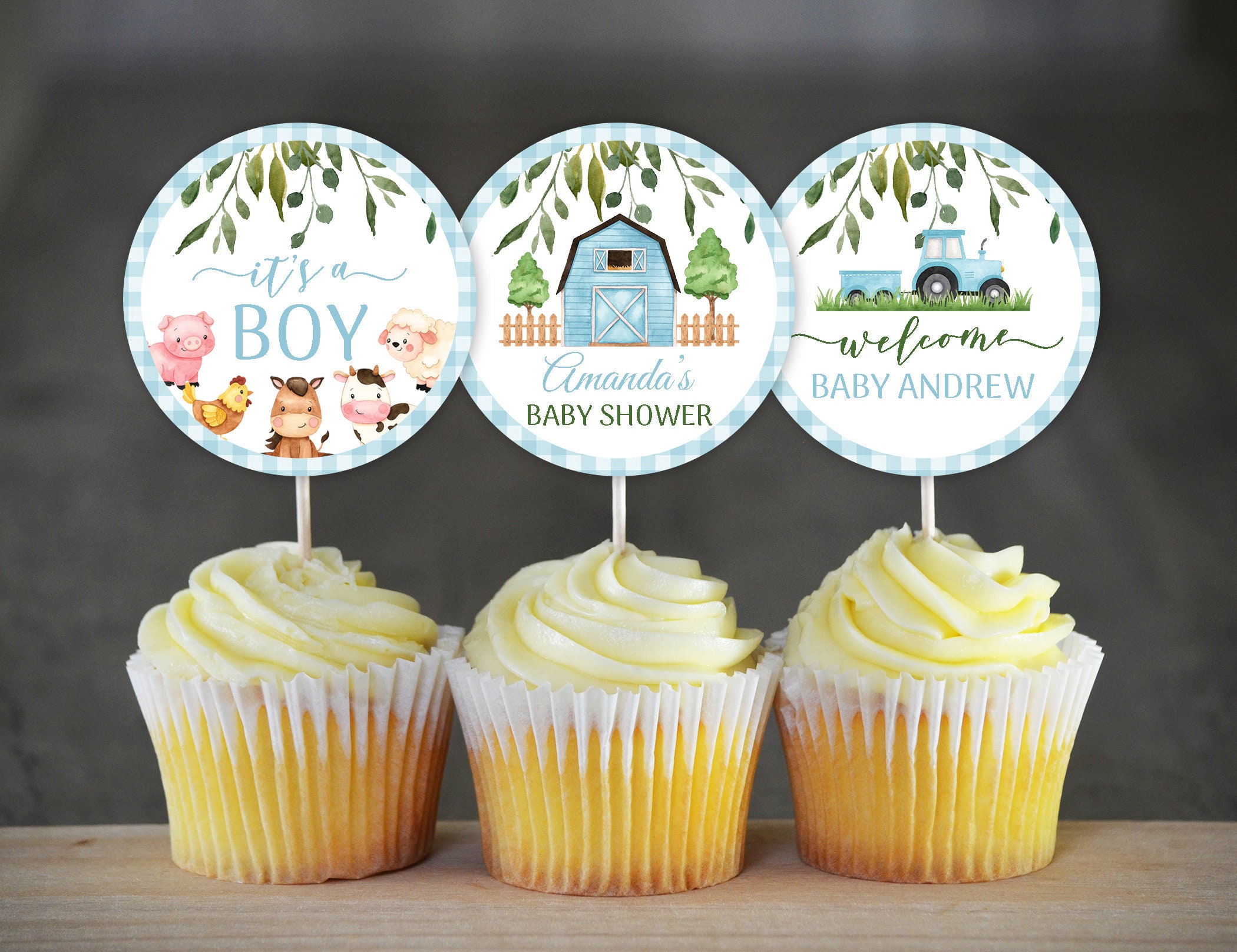 Farm Baby Shower Cupcake Toppers Farm Birthday Party Decoration Boy Farm Animals Cupcake Toppers Blue Farm Animals Barnyard Decoration 0227