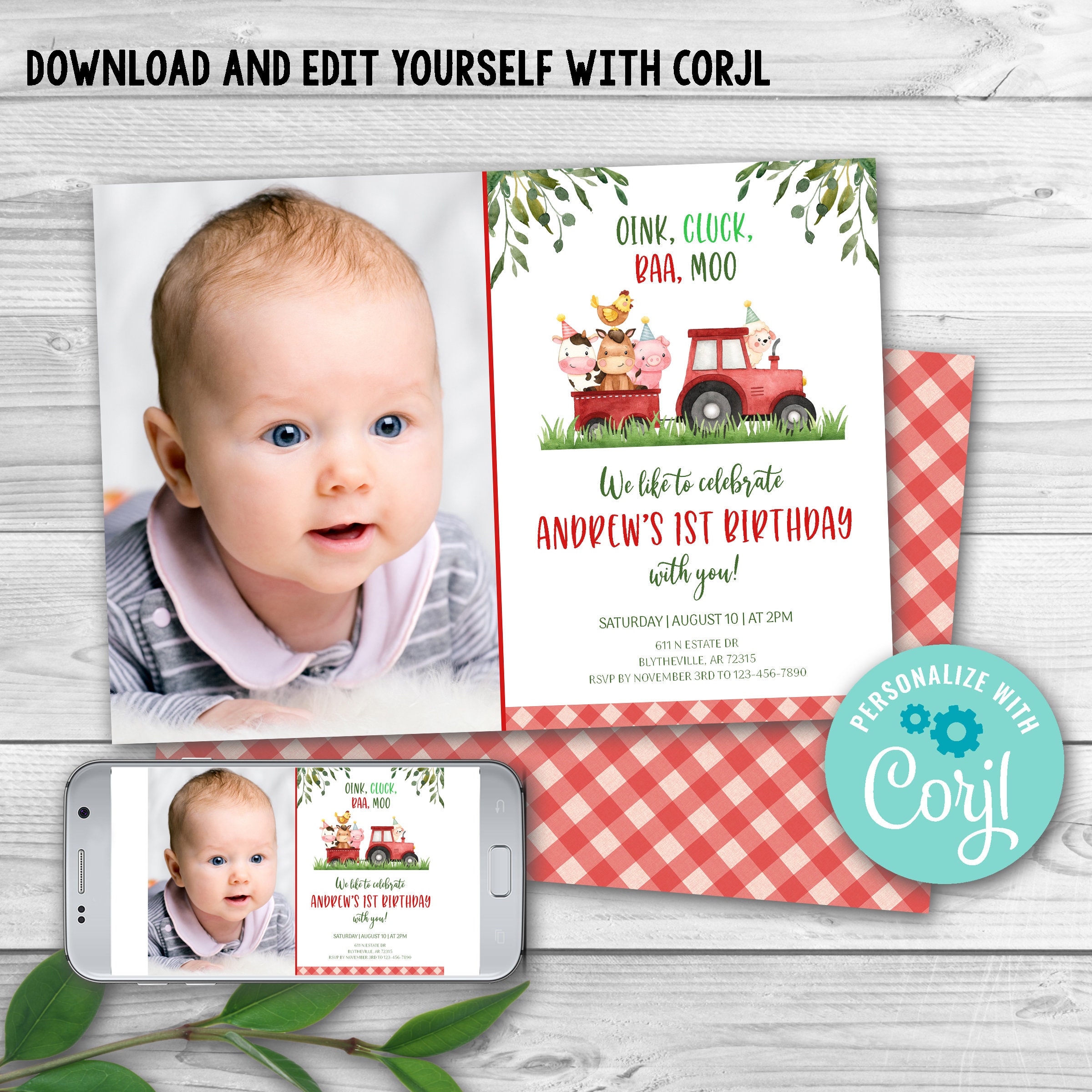 Editable Farm Birthday Invitation. Red Farm Animals Birthday Invite ...