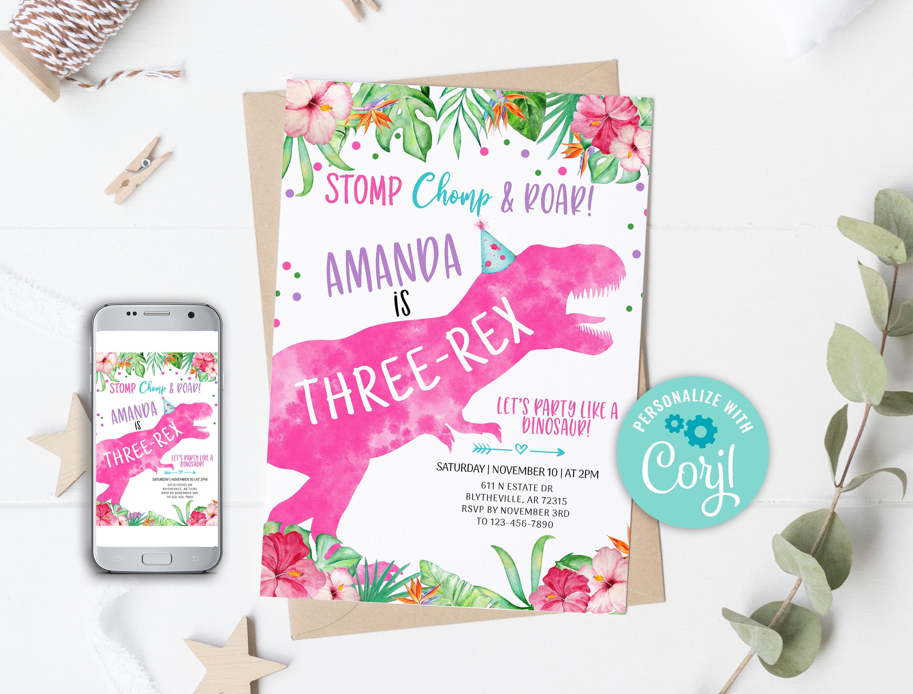 EDITABLE ThreeRex Dinosaur Birthday Invitation Girl Dino TRex Invitation Third Birthday Dino Invite Pink Dinosaur Party